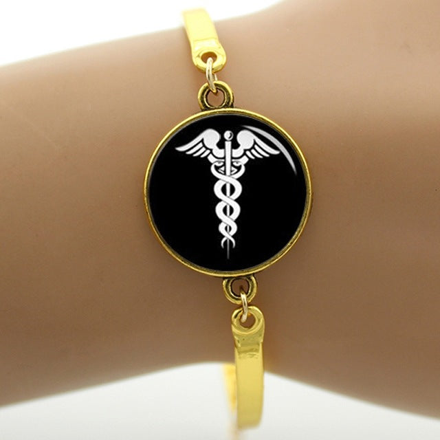 Caduceus Medical Symbol Alloys Made Dome Bracelet With 2mm Thick Glass