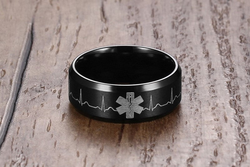 MerchsMate® Stainless Steel Comfort Fit Ring Laser Engraved Heartbeat Medical Symbol