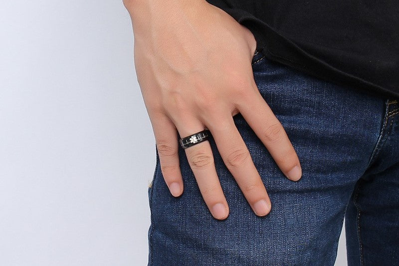 MerchsMate® Stainless Steel Comfort Fit Ring Laser Engraved Heartbeat Medical Symbol