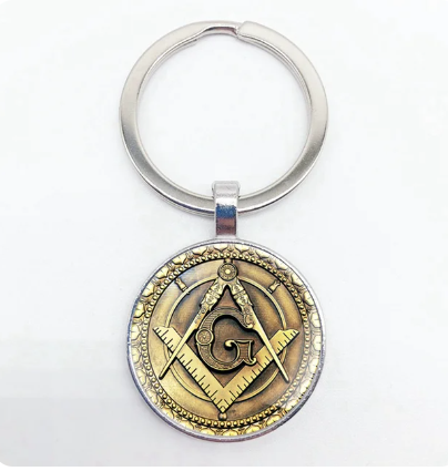 Vintage Bronze Masonic Design Glass Convex Round Key Chain Men and Women Gift Jewel