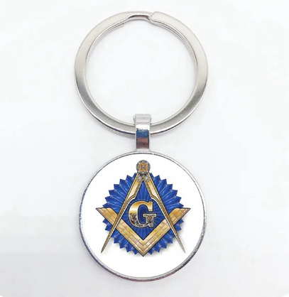 Vintage Bronze Masonic Design Glass Convex Round Key Chain Men and Women Gift Jewel
