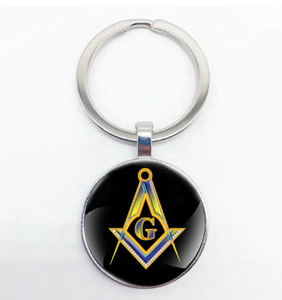 Vintage Bronze Masonic Design Glass Convex Round Key Chain Men and Women Gift Jewel