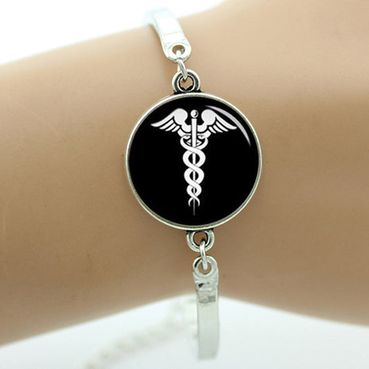 Caduceus Medical Symbol Alloys Made Dome Bracelet With 2mm Thick Glass