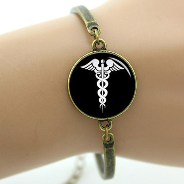 Caduceus Medical Symbol Alloys Made Dome Bracelet With 2mm Thick Glass