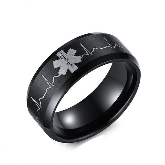 MerchsMate® Stainless Steel Comfort Fit Ring Laser Engraved Heartbeat Medical Symbol